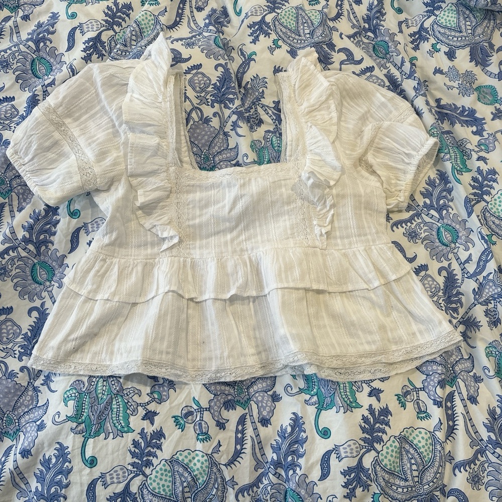 American eagle square neck puff sleeve white lace babydoll blouse size small